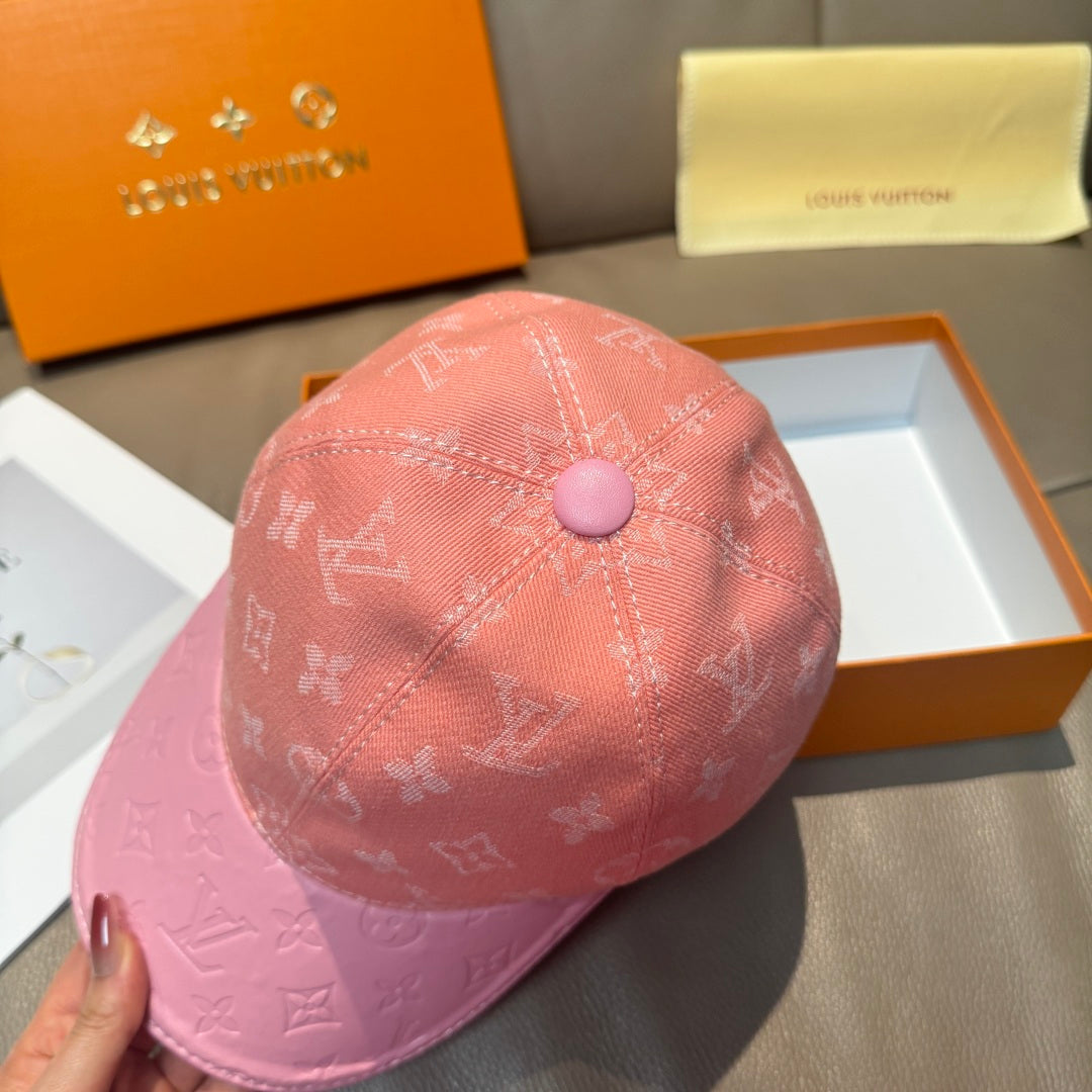 Louis Vuitton pink monogram baseball cap with top button and curved brim