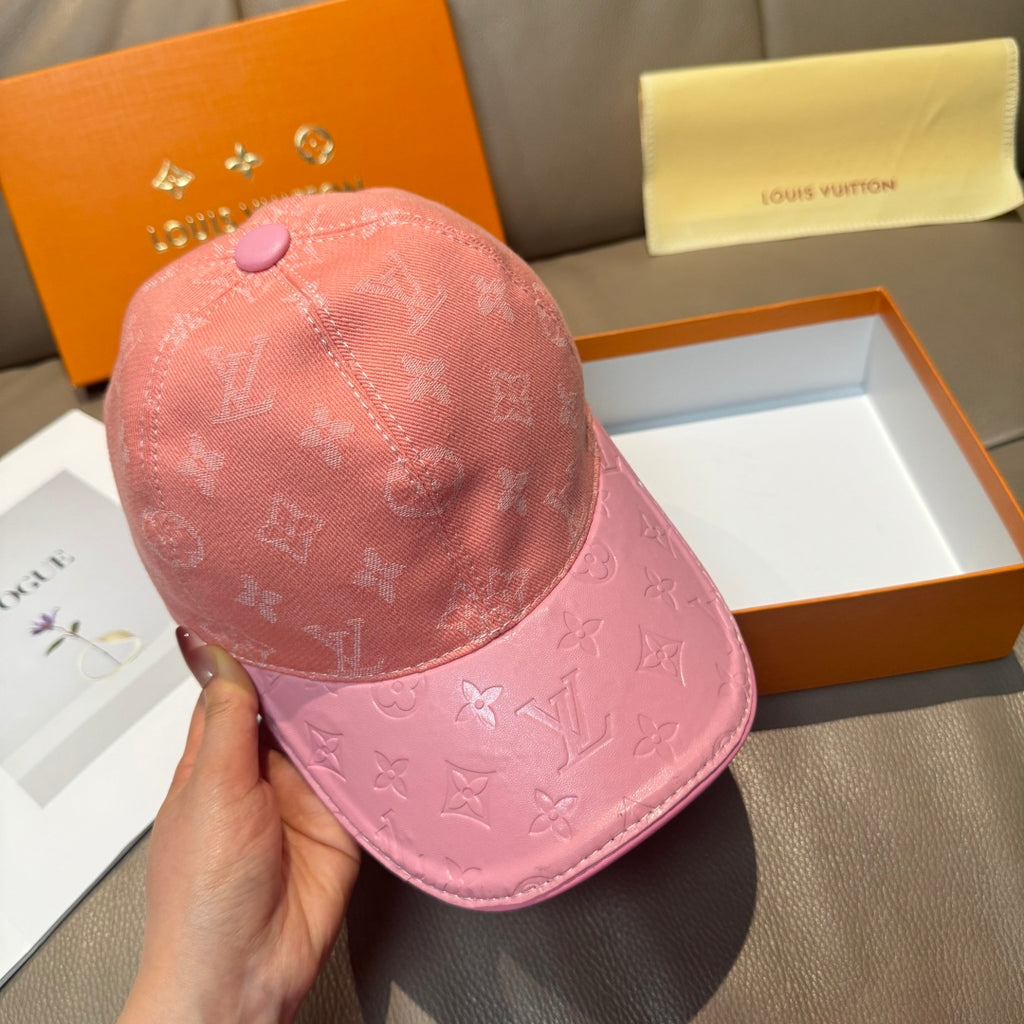 Louis Vuitton pink monogram cap with curved brim and stitched crown seams