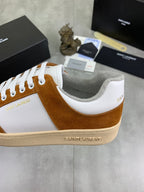 Brown suede and white sneakers with cushioned collar and SAINT LAURENT heel logo.