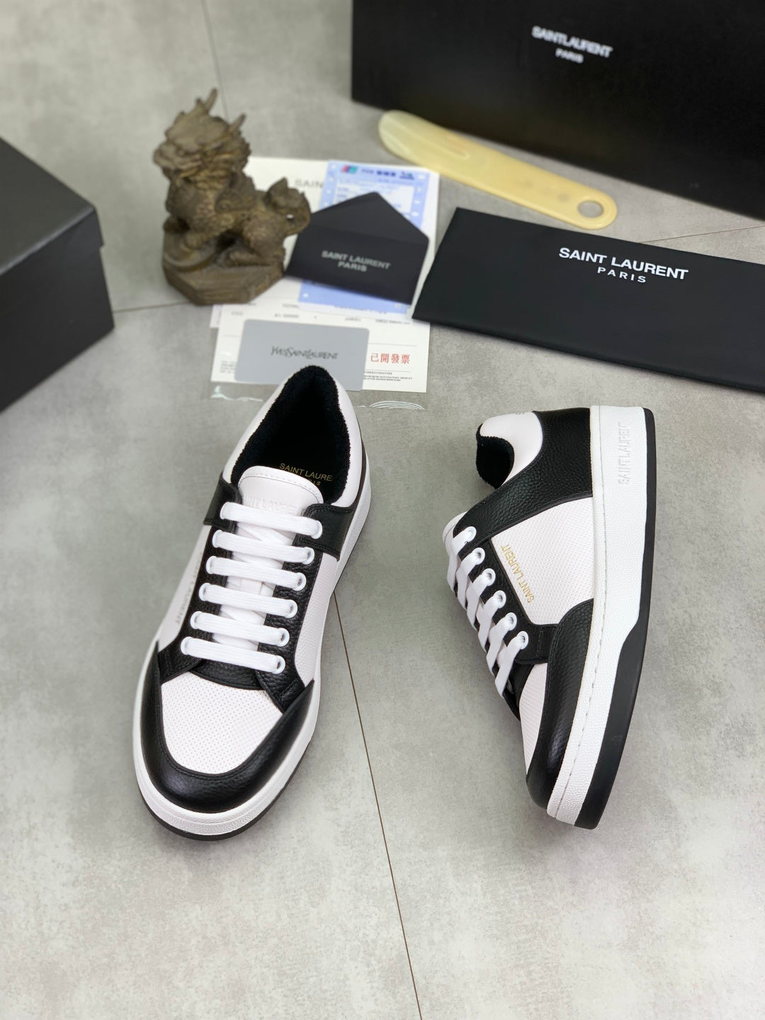 YSL unisex sneakers, black-and-white leather with white laces and thick sole