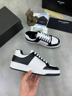YSL unisex sneakers, black-and-white leather, white laces, chunky sole