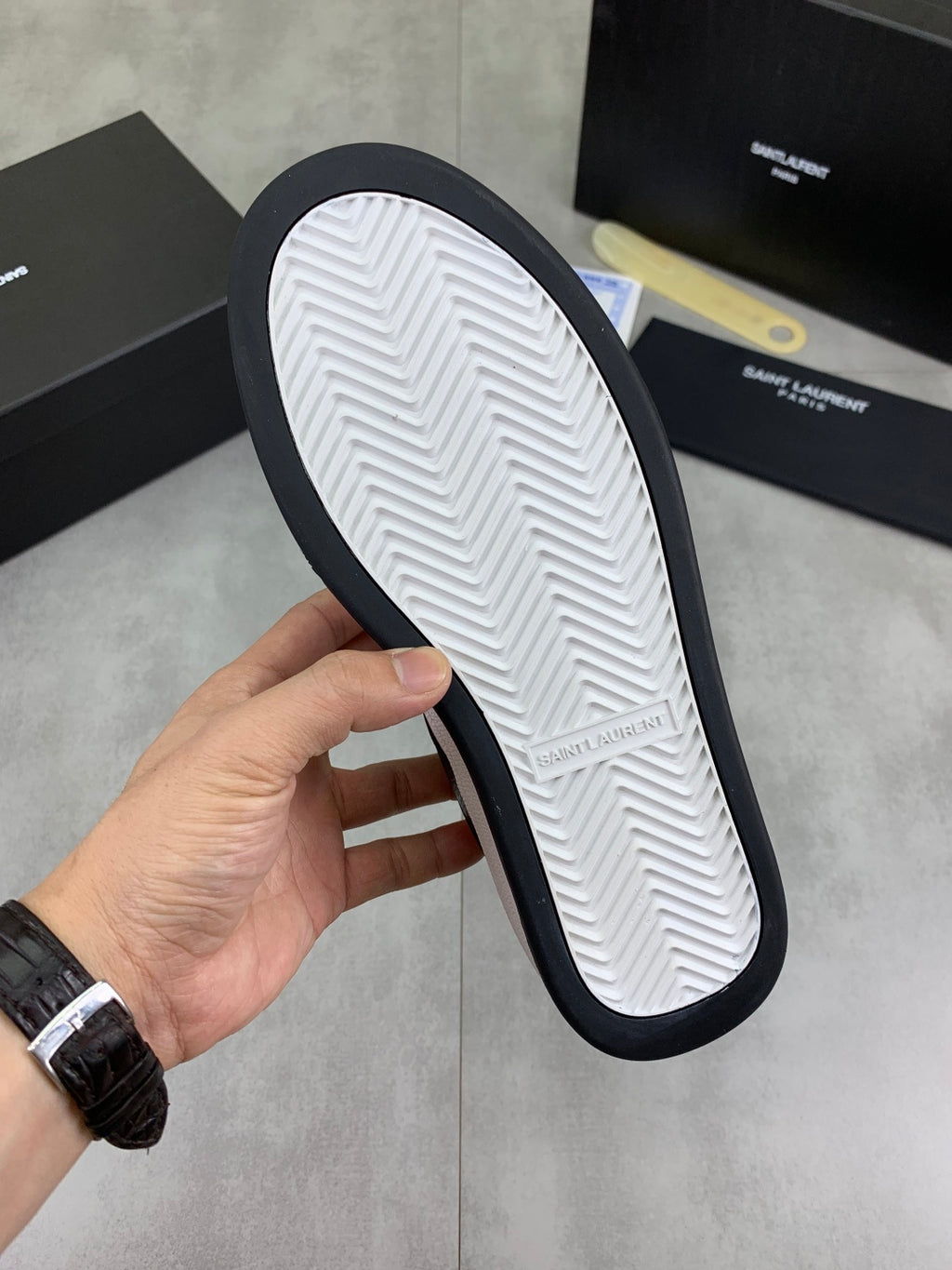 YSL unisex sneaker outsole, white tread with dark edge border