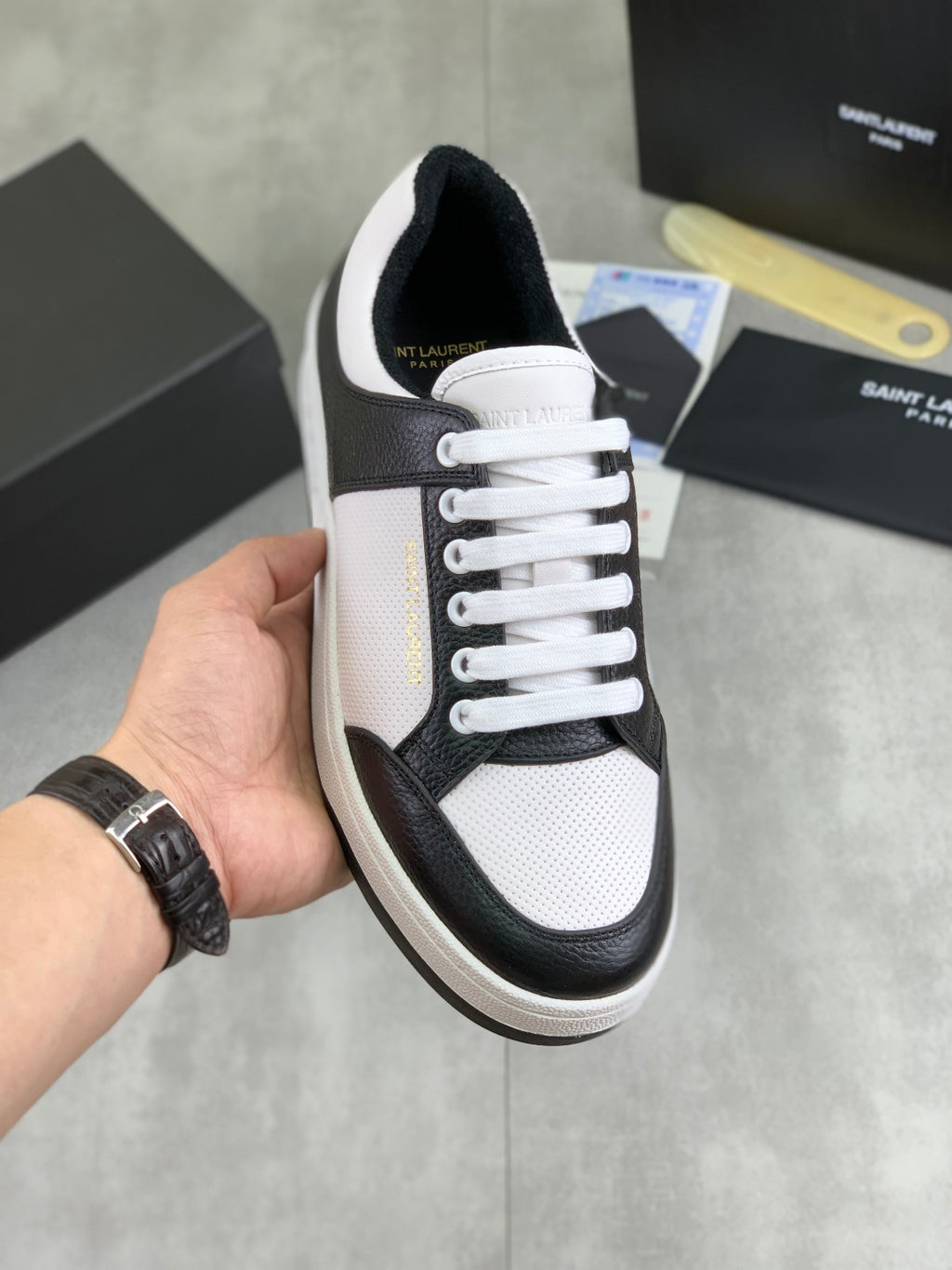 YSL unisex sneakers with white laces, black and white leather, low-top sole