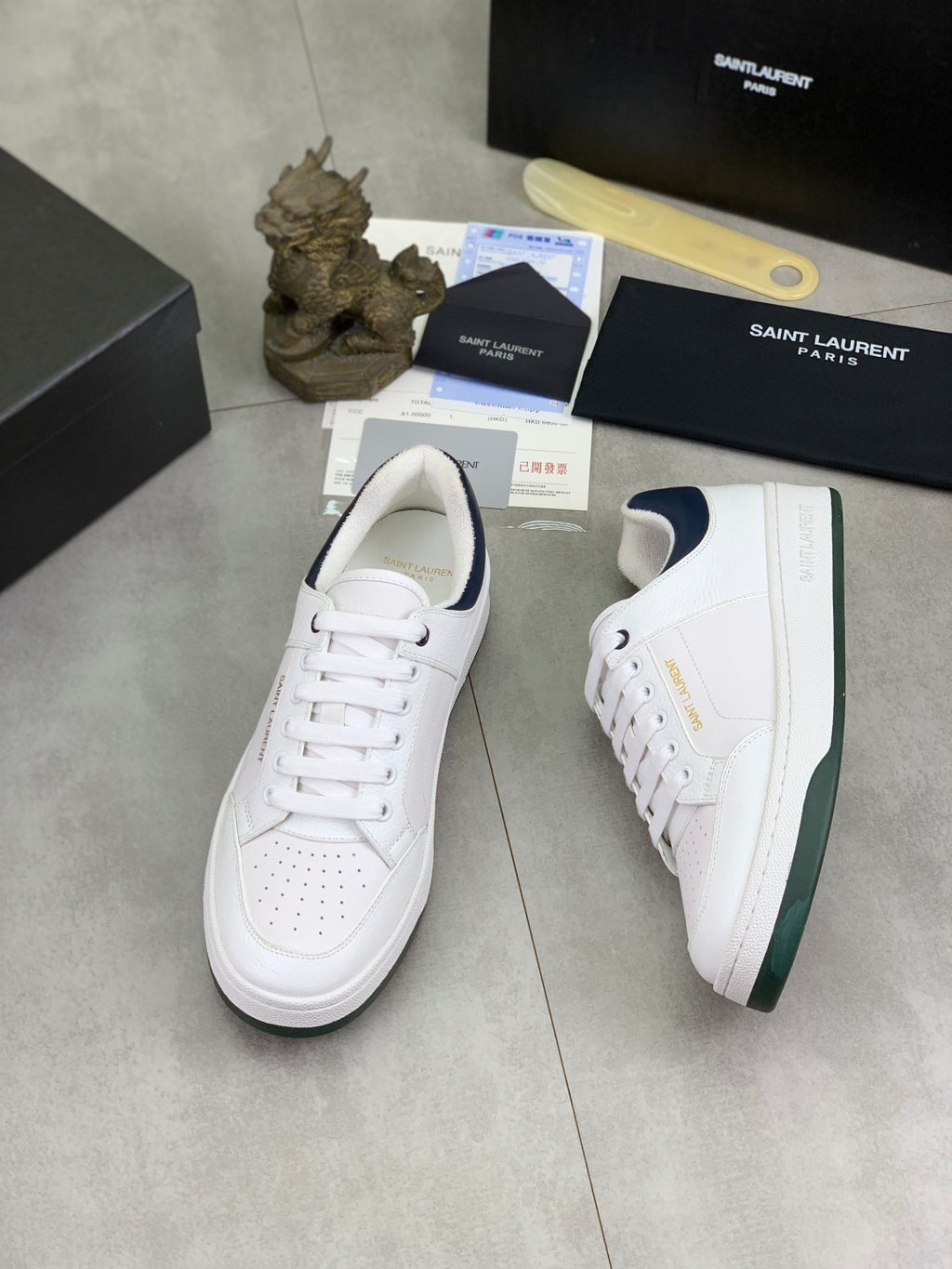 YSL unisex luxury shoes, white sneakers with navy collar and green outsole edge