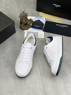 YSL unisex luxury shoes, white sneakers with navy collar and green outsole edge