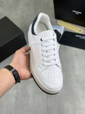 YSL unisex luxury shoes, white leather sneakers with navy trim and white laces