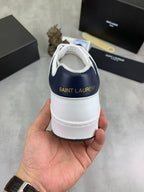 YSL unisex luxury shoes, white sneakers with navy heel lining and ribbed sole