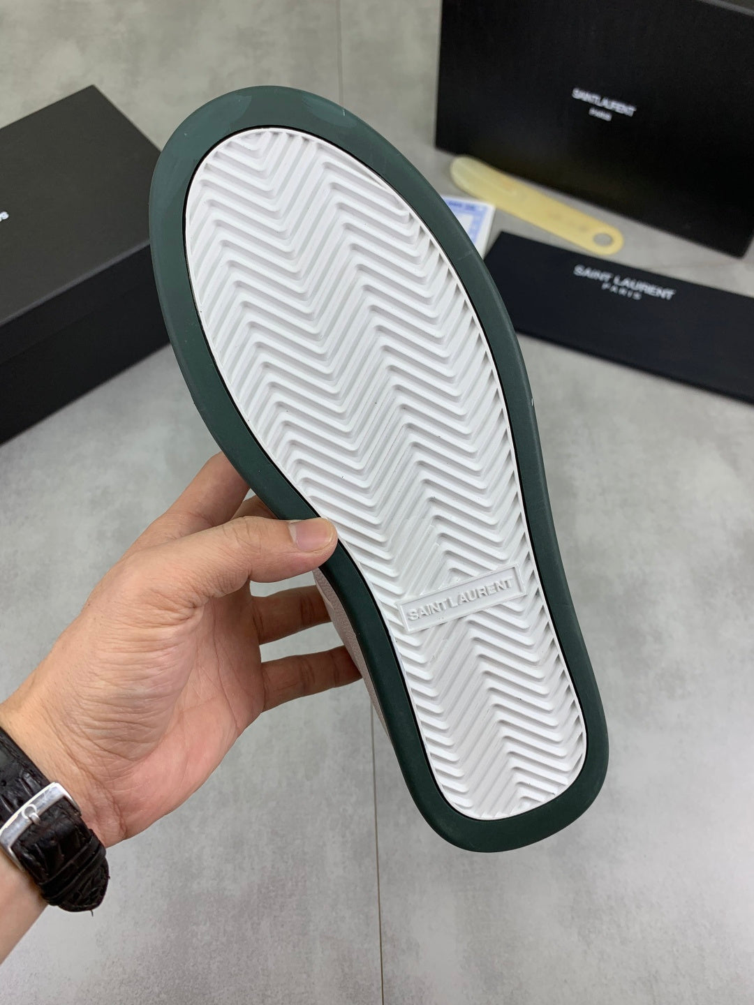 YSL unisex luxury shoes, white rubber outsole with textured chevron tread