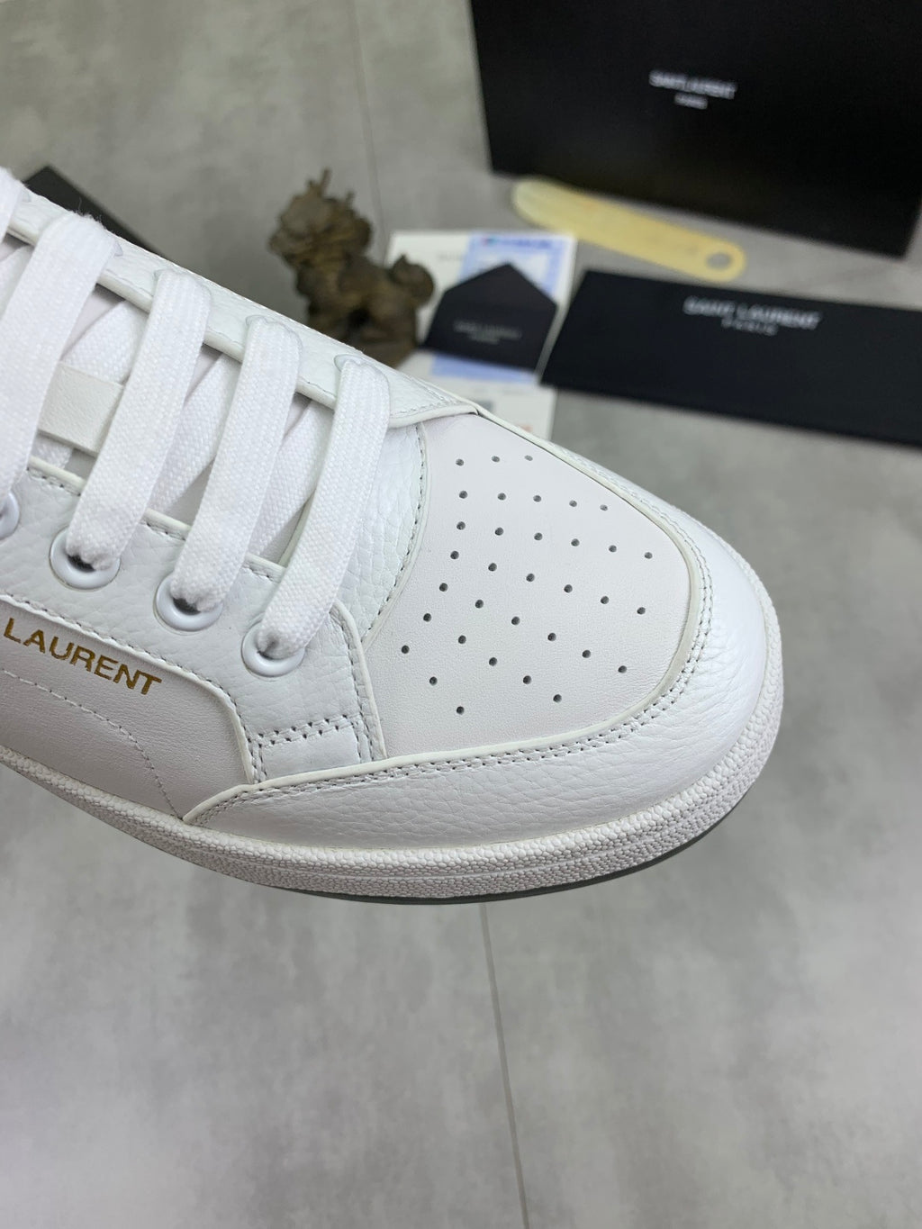YSL unisex luxury shoes, white leather sneaker toe with perforations and white laces