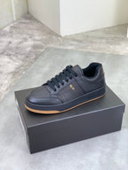 YSL unisex lace-up leather sneaker on box, dark blue-black with gum sole