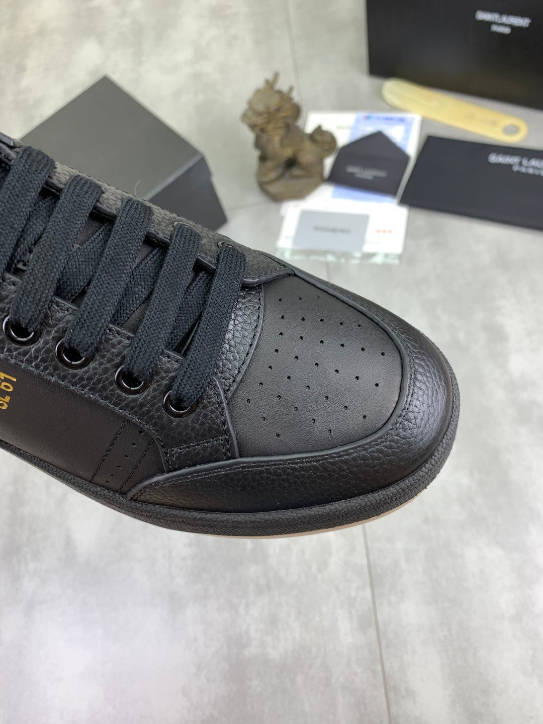 YSL unisex lace-up leather sneaker toe, perforated leather and gum sole, dark blue-black