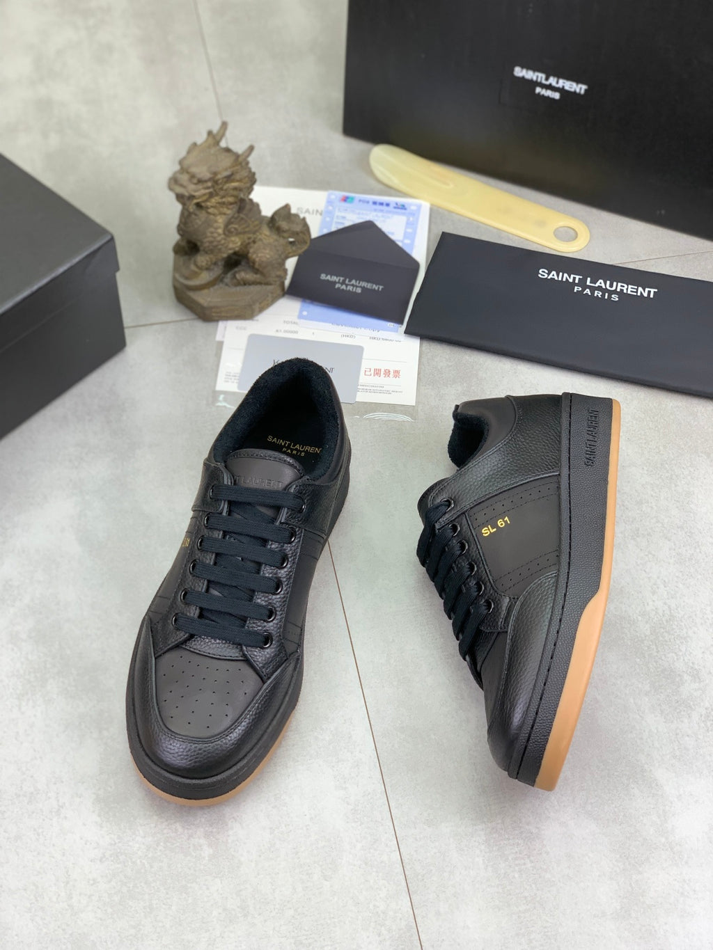 YSL unisex leather sneakers, lace-up with perforated toe, dark blue-black and gum sole