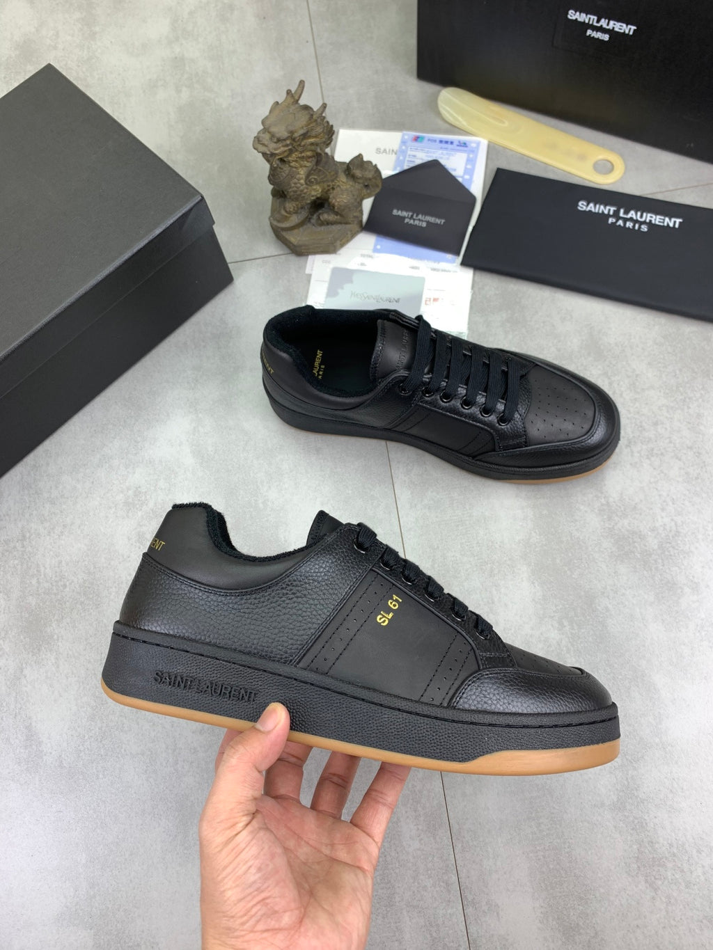 YSL unisex leather sneakers, lace-up with side text, dark blue-black and gum sole