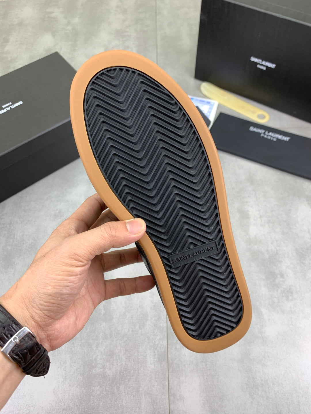 YSL unisex sneaker outsole tread with gum edge, dark blue-black upper