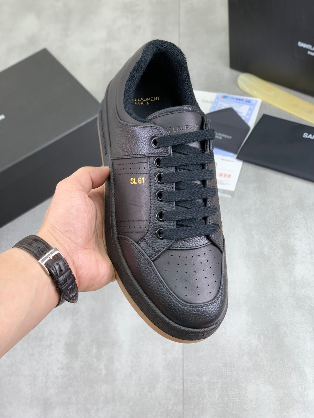 YSL unisex lace-up leather sneaker with perforated toe and gum sole, dark blue-black