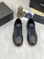 YSL unisex lace-up leather sneakers, perforated toe, dark blue-black with gum soles