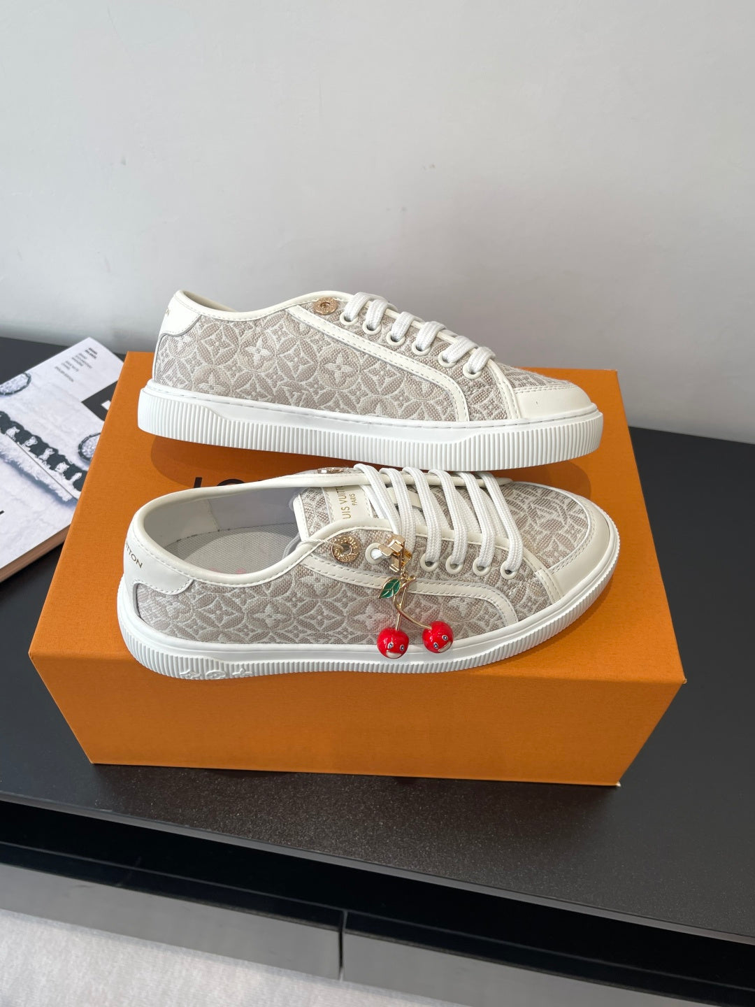 Louis Vuitton ladies lace-up sneakers, monogram canvas with red cherry charm detail
