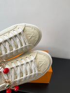 Women's Louis Vuitton sneakers, close-up of textured sole and lace side panel.