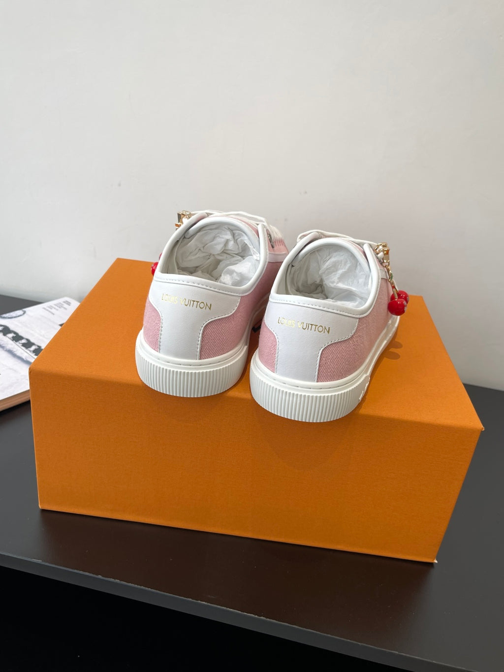 Louis Vuitton sneakers, pink canvas with white heel tab and lace-up back