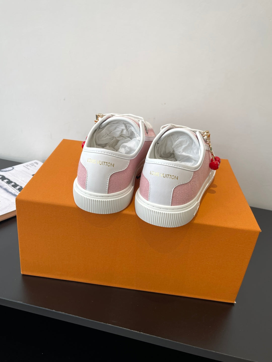 Louis Vuitton sneakers, pink canvas with white heel tab and lace-up back