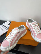 Women’s Louis Vuitton sneakers, pink canvas with white laces and cherry charm detail