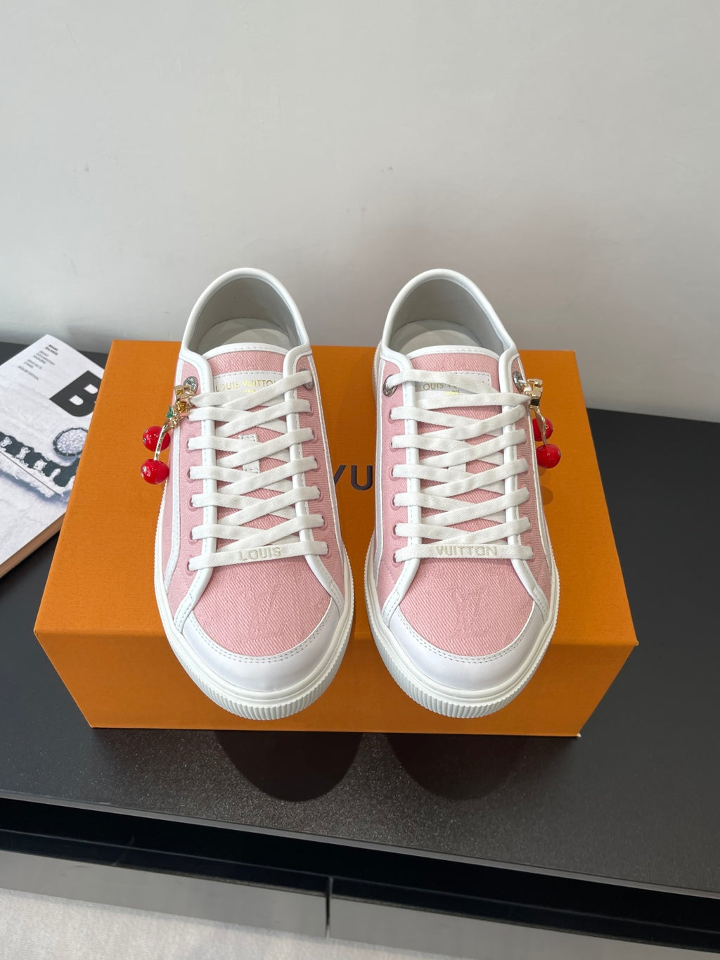 Women’s Louis Vuitton sneakers, pink canvas with white laces and side stripe