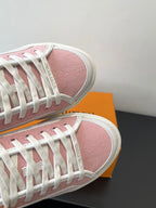 Louis Vuitton sneakers, pink textured canvas with white laces and stitched trim