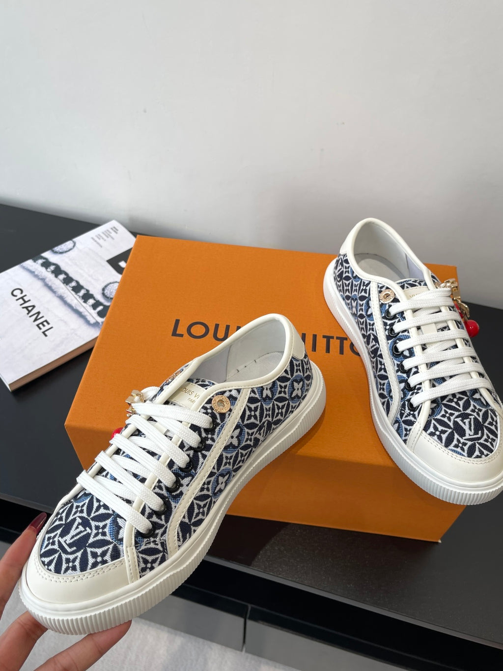 Louis Vuitton ladies sneakers, navy monogram canvas, white laces, red cherry charm accents