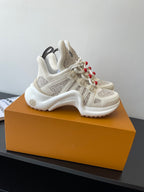 Louis Vuitton chunky low-top sneakers, off-white with beige monogram panels and red laces