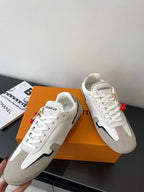 Louis Vuitton low-top sneakers, white laces, off-white and gray with red ornament