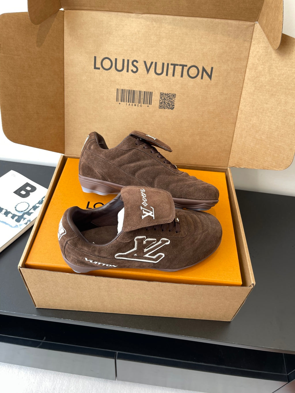 Brown suede lace-up sneakers with large LV side embroidery