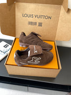 Brown suede lace-up sneakers with large LV side embroidery