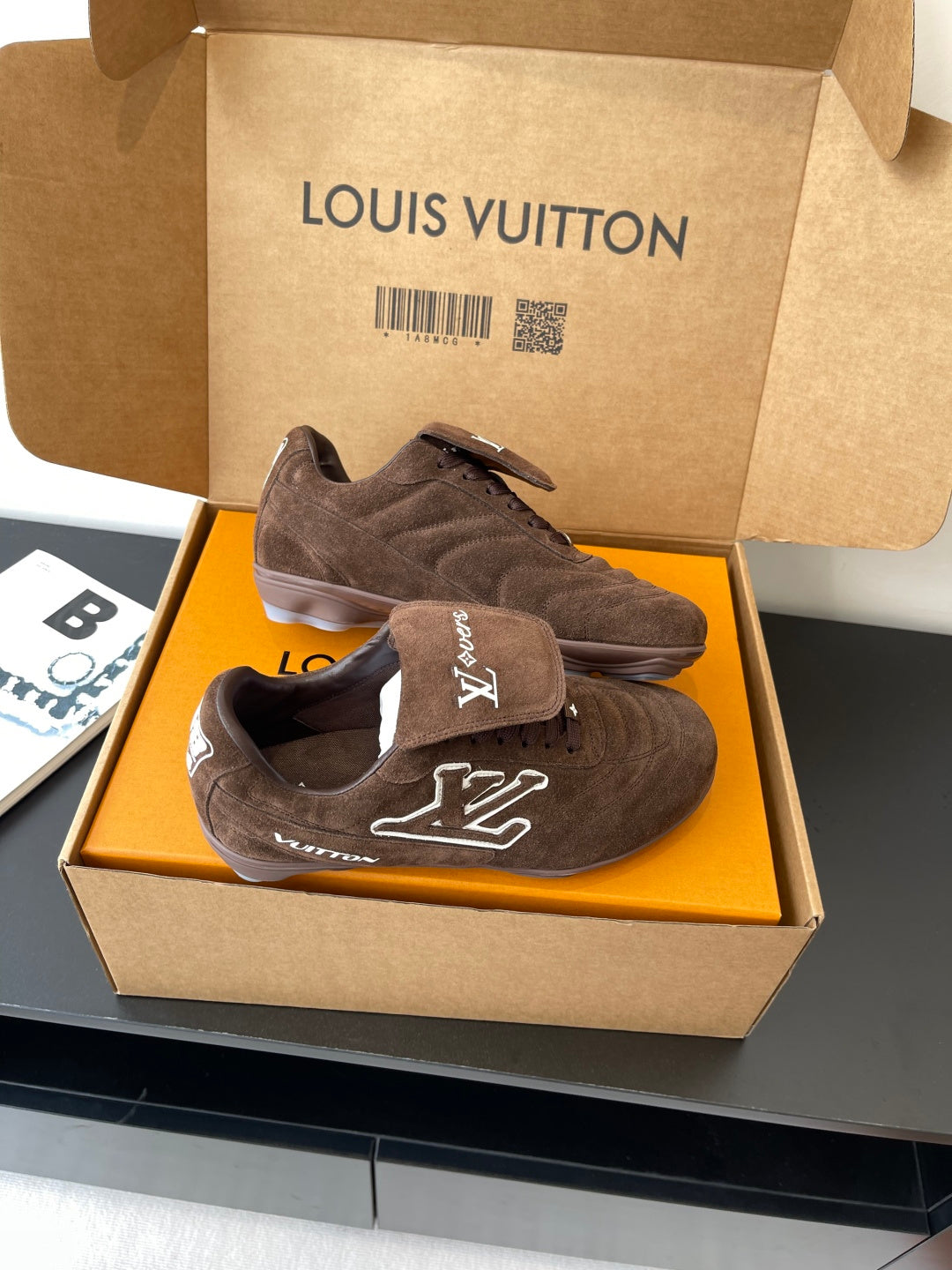 Brown suede lace-up sneakers with large LV side embroidery