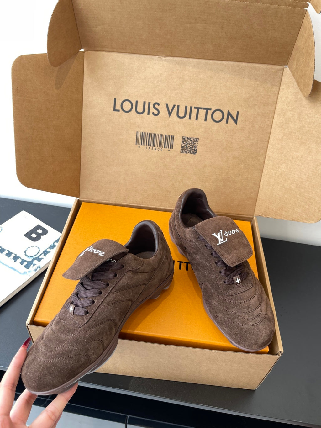 Brown suede low-top sneakers, lace-up with LV logo patch
