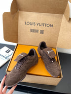 Brown suede low-top sneakers, lace-up with LV logo patch