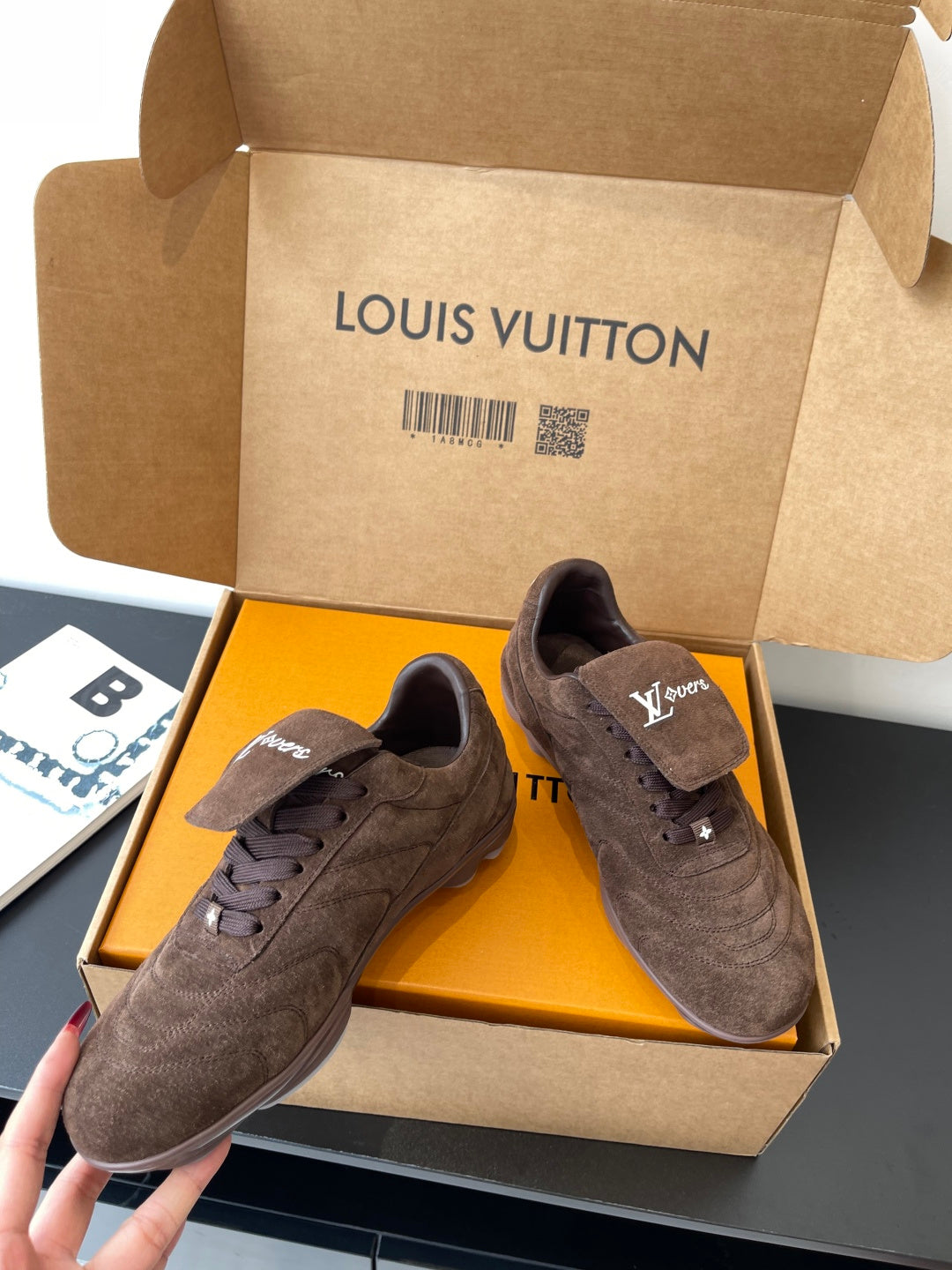 Brown suede low-top sneakers, lace-up with LV logo patch