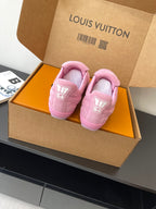 Louis Vuitton women's pink sneakers in box, back view of heels