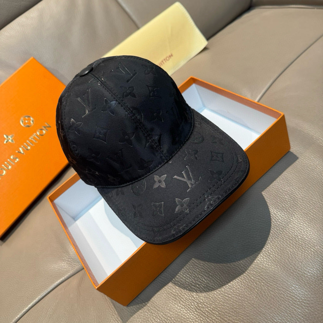 Louis Vuitton monogram baseball cap, dark black, side view with curved brim