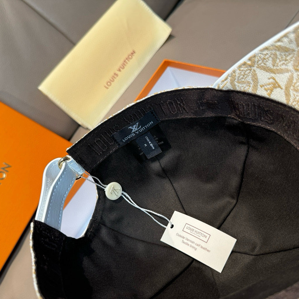 Louis Vuitton cap interior, black lining with logo tape and white hang tag