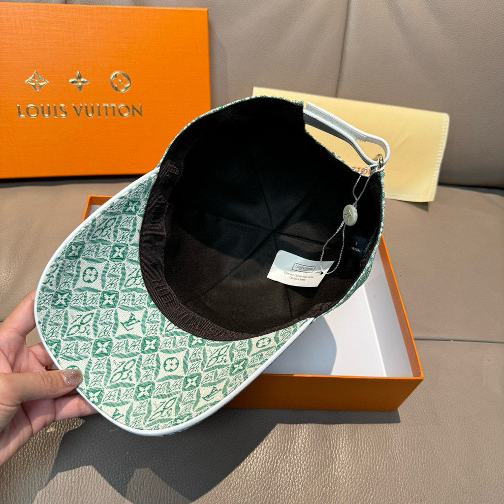 Louis Vuitton cap inside view, green monogram brim with dark lining visible