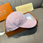 Louis Vuitton pink monogram-pattern cap, side view, curved brim