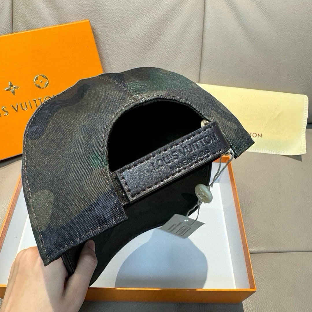 Camouflage baseball cap with Louis Vuitton patch and interior black lining