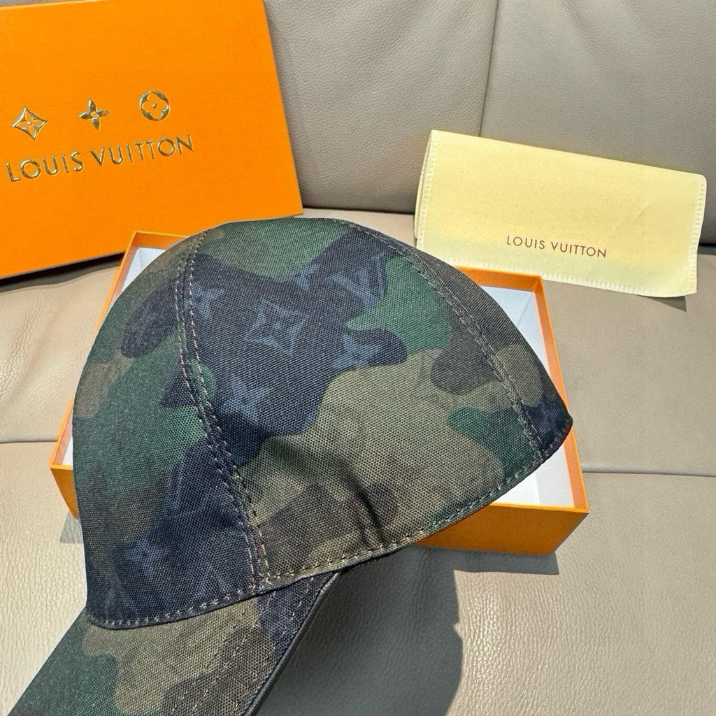 Camouflage baseball cap, front view with visible top button and stitching