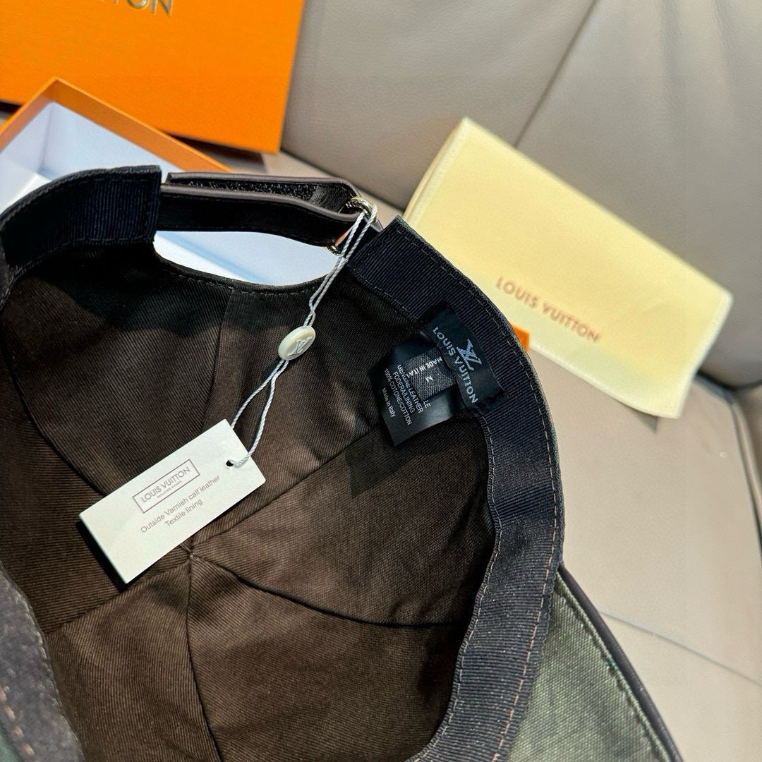 Camouflage baseball cap with hang tag and Louis Vuitton label near strap