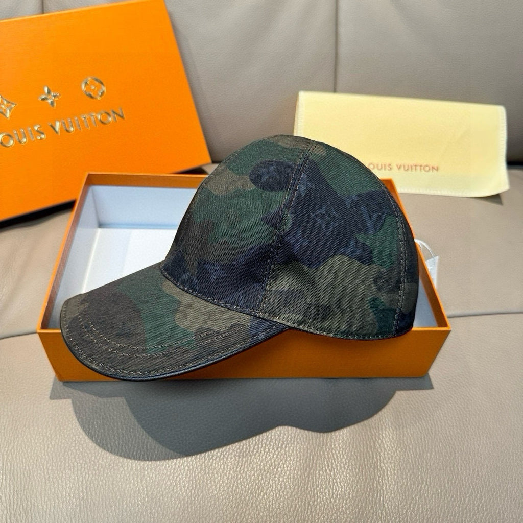 Camouflage baseball cap with curved brim, stitched seam, and top button