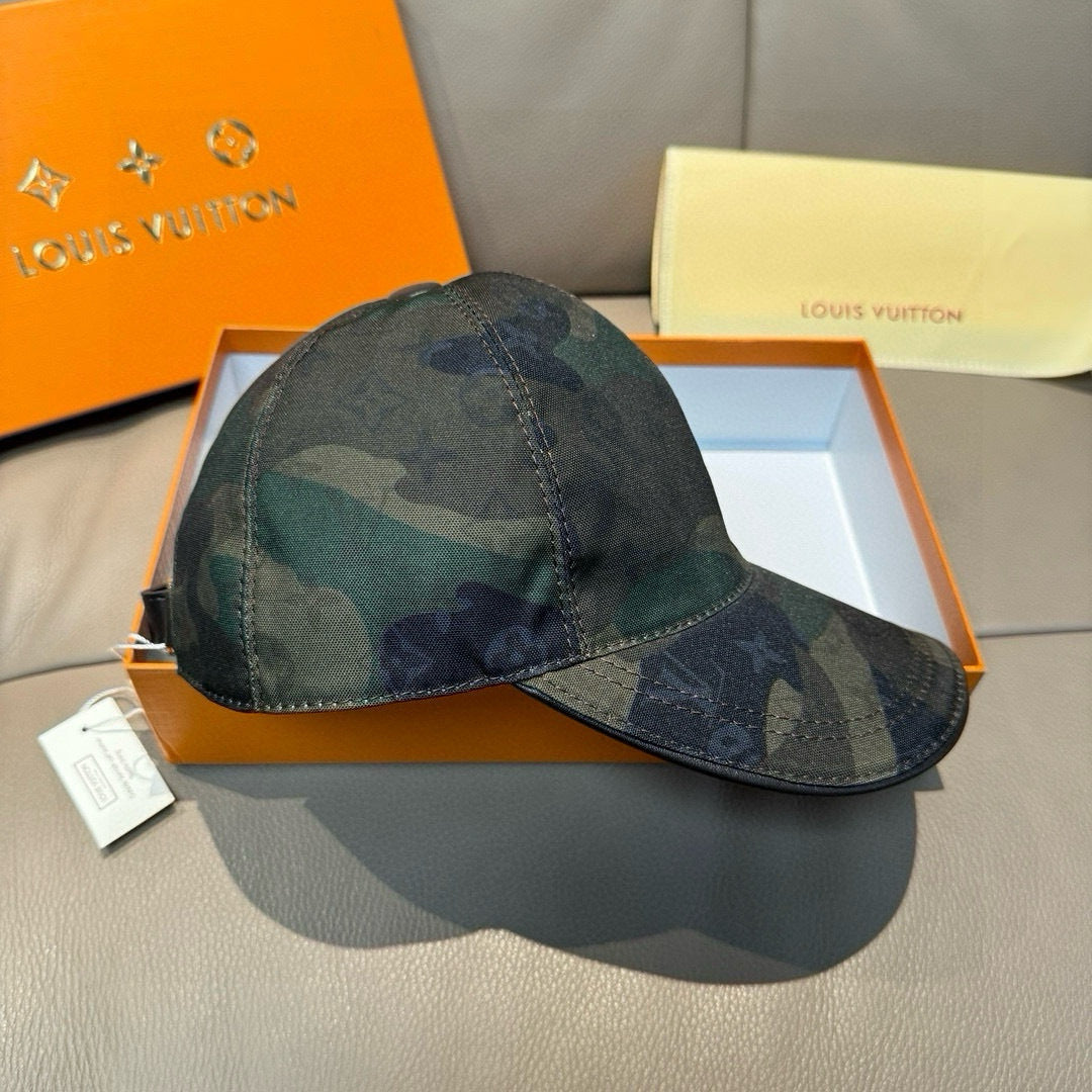 Camouflage baseball cap, side view with curved brim and top button