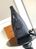 Louis Vuitton monogram crossbody bag with front zipper and round logo badge