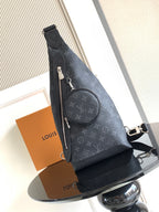 Louis Vuitton monogram crossbody bag with front zipper and round logo badge