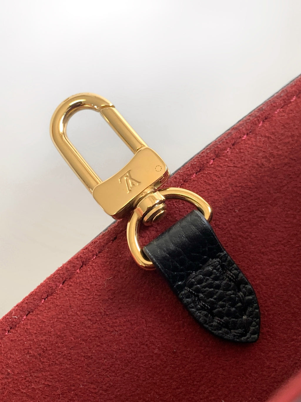 Louis Vuitton bag clasp close-up with gold lock and black leather strap on red lining