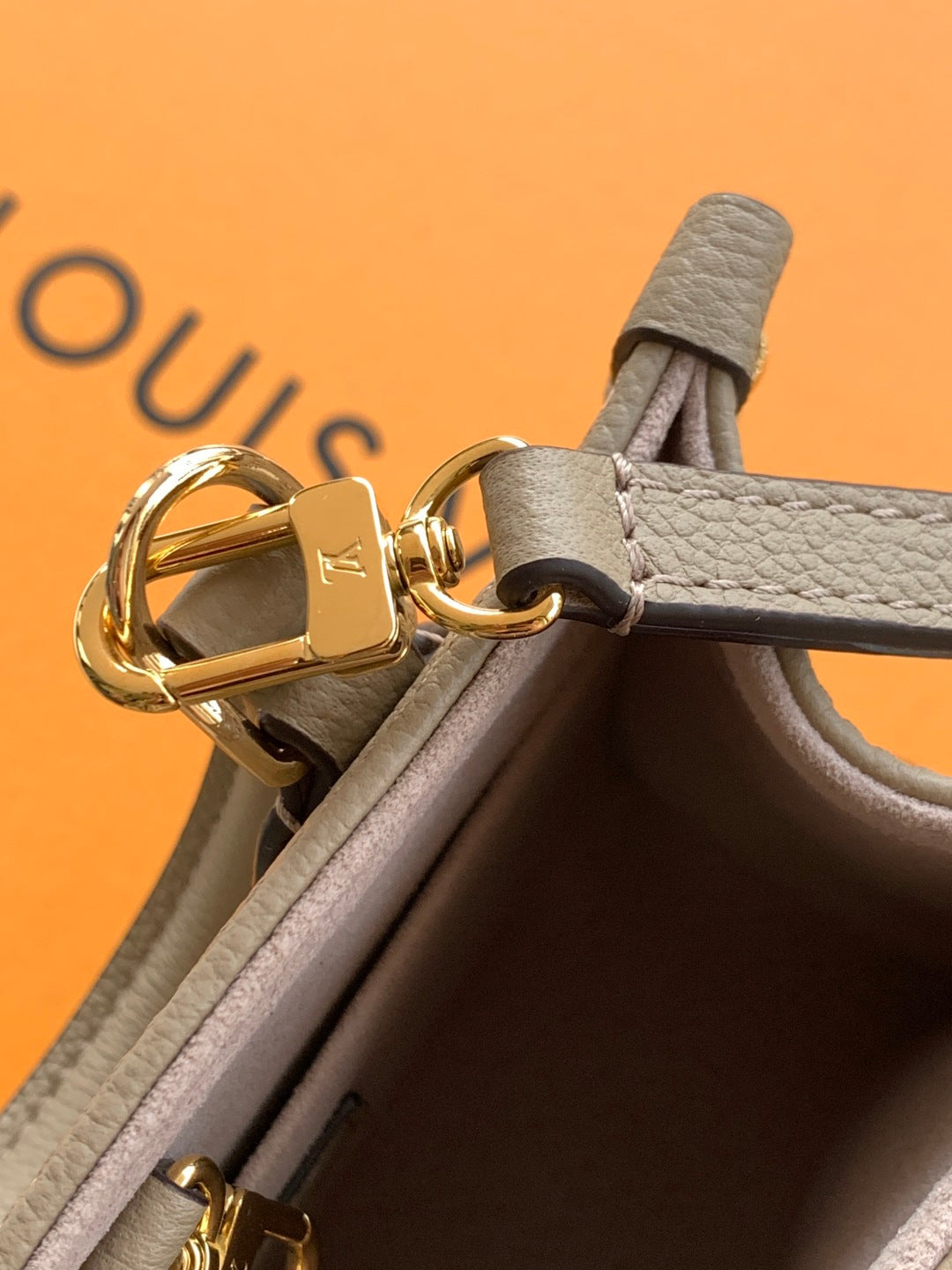 Louis Vuitton taupe leather bag side with gold-tone clasp and strap detail